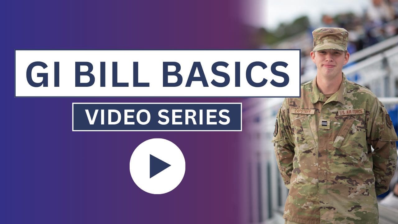 Image with smiling military-affiliated student in uniform with text that links to the GI Bill Basics video series page on Vimeo.